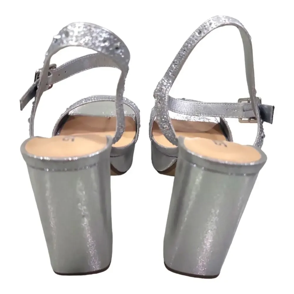 Silver Rhinestone Studded Platform Strappy Heels